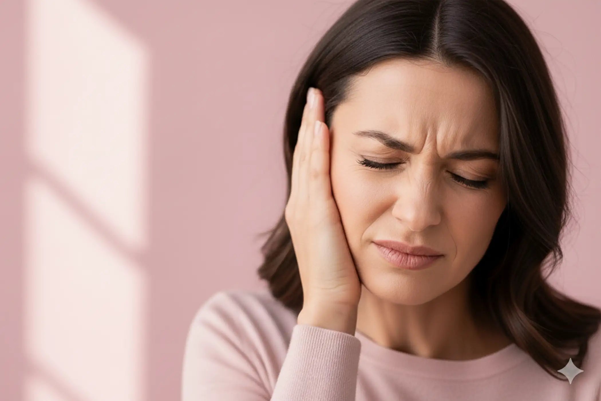 Frau mit dunklem, langen Haar fasst sich mit schmerzverzerrtem Gesicht mit der rechten Hand ans rechte Ohr, weil sie an Tinnitus leidet.