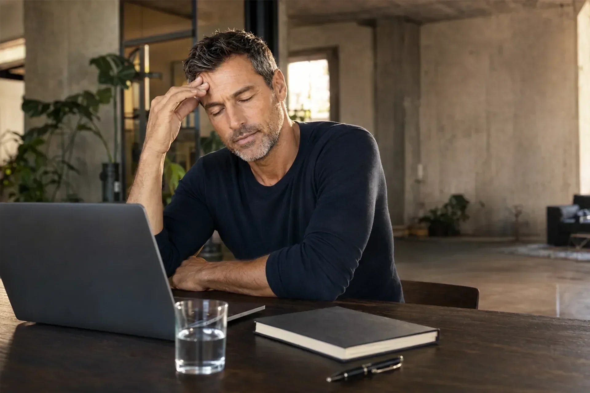Brain Fog: Mann hält sich erschöpft die Stirn am Laptop – Konzentrationsschwäche und mentale Erschöpfung im Arbeitsalltag.