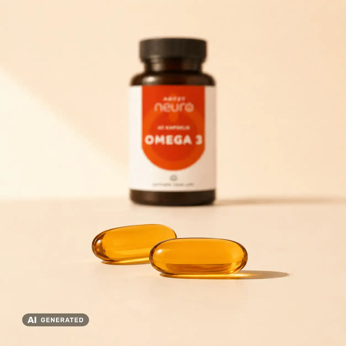 Zwei Kapseln Omega 3 mit dazugehöriger Flasche im Hintergrund (generiert mit KI).