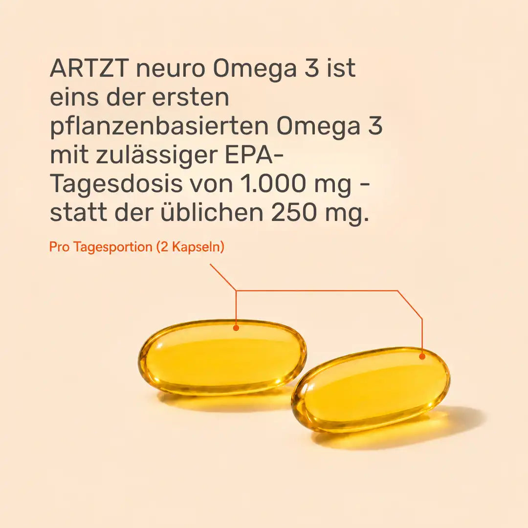 ARTZT neuro Omega 3 Algenöl Kapseln – pflanzenbasiert, EPA-Tagesdosis 1.000 mg pro 2 Kapseln statt üblicher 250 mg, zwei goldene Softgelkapseln auf warmem Hintergrund