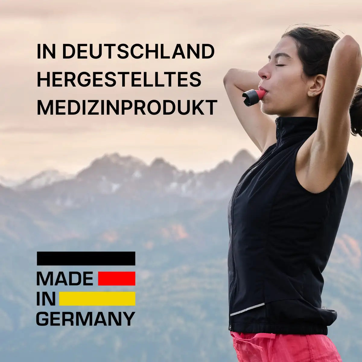 Überschrift "Hergestellt in Deutschland", darunter ein Logo "Made in Germany", daneben eine Frau, die den ARTZT neuro Atemtrainer im Mund hält.