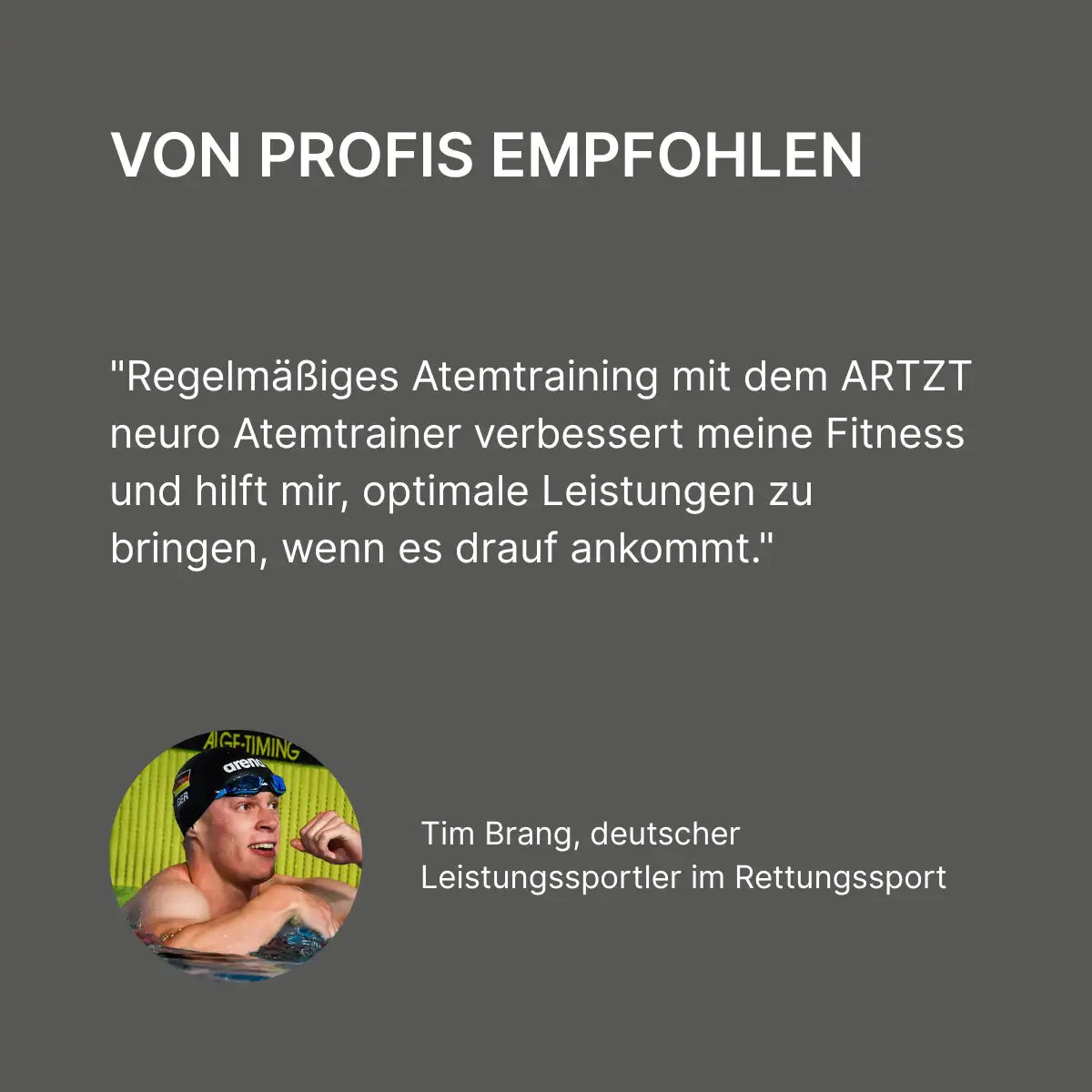 Zitat von Leistungssportler Tim Brang auf über den ARTZT neuro Atemtrainer, darunter ein passendes Portraitbild.