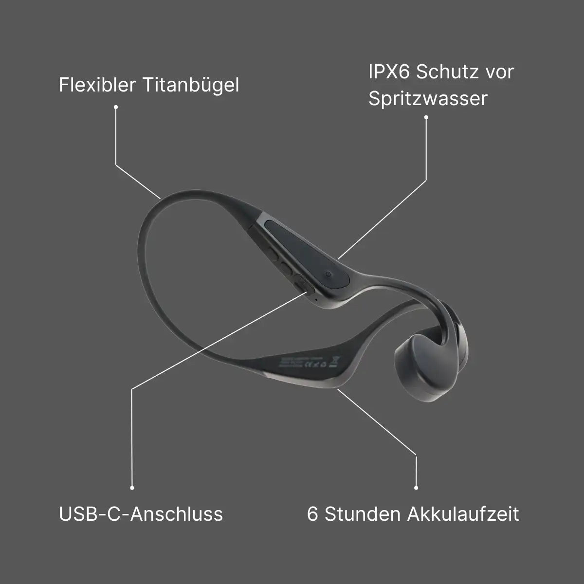Freigestelltes Bild des ARTZT neuro SoundVibe II Knochenschall Kopfhörers auf dunkelgrauem Grund mit vier Stichpunkten, die die technischen Eigenschaften erläutern.