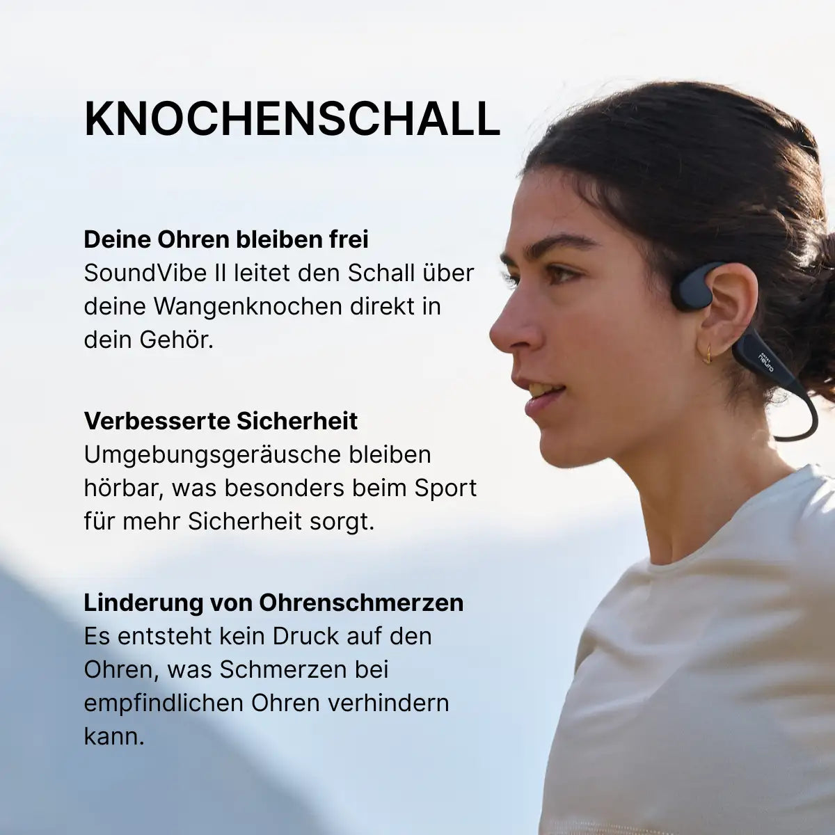 Stichpunktartige Aufzählung über Knochenschall mit Frau in der rechten Bildhälfte, die einen ARTZT neuro SoundVibe II Kopfhörer trägt.