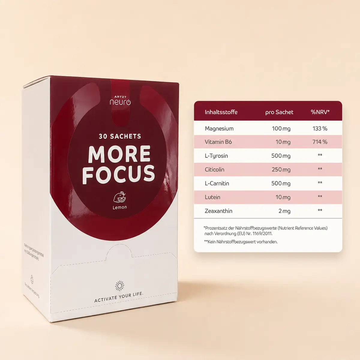 More Focus Nahrungsergänzungsmittel von ARTZT neuro, 30 Sachets Lemon, mit Nährstofftabelle: Magnesium 100 mg, Vitamin B6 10 mg, L-Tyrosin 500 mg, Citicolin 250 mg, L-Carnitin 500 mg, Lutein 10 mg, Zeaxanthin 2 mg pro Sachet.