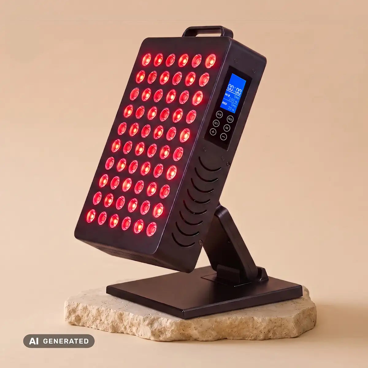 ARTZT neuro RED PULSE ONE Rotlichttherapie-Gerät auf Steinsockel vor hellem Hintergrund – Packshot mit Display und Bedienelementen (generiert mit KI)
