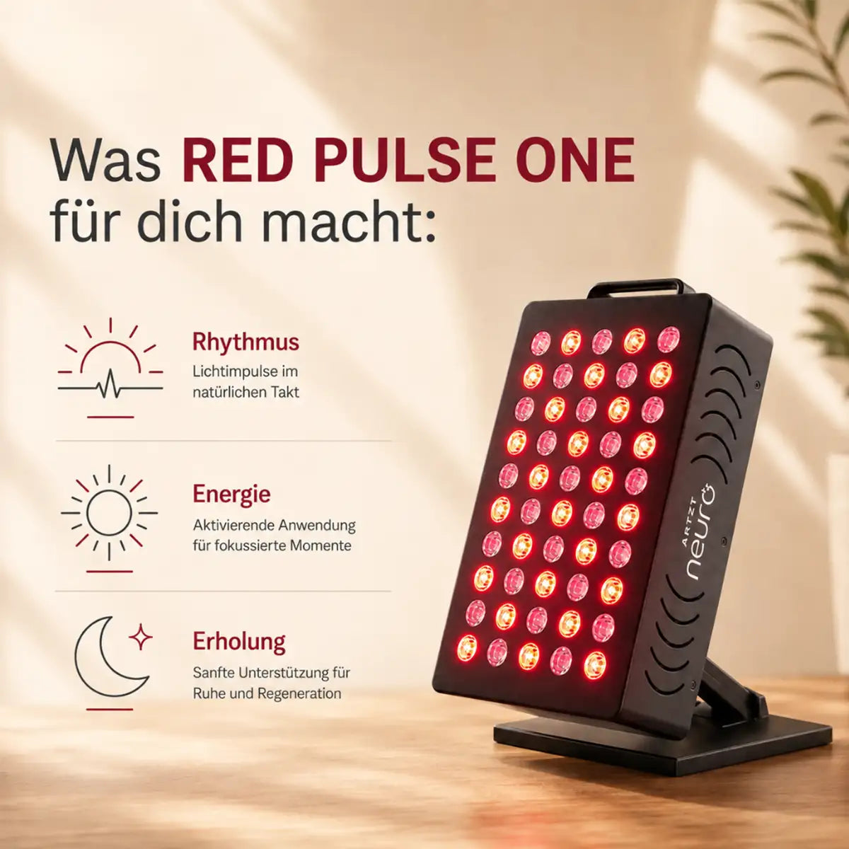 Infografik ARTZT neuro RED PULSE ONE Rotlichttherapie-Gerät – was es bewirkt: Rhythmus durch Lichtimpulse im natürlichen Takt, Energie durch aktivierende Anwendung für fokussierte Momente, Erholung durch sanfte Unterstützung für Ruhe und Regeneration (generiert mit KI)