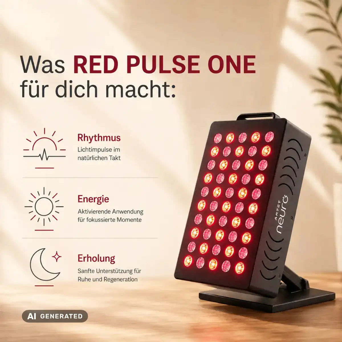 Infografik ARTZT neuro RED PULSE ONE Rotlichttherapie-Gerät – was es bewirkt: Rhythmus durch Lichtimpulse im natürlichen Takt, Energie durch aktivierende Anwendung für fokussierte Momente, Erholung durch sanfte Unterstützung für Ruhe und Regeneration (generiert mit KI)