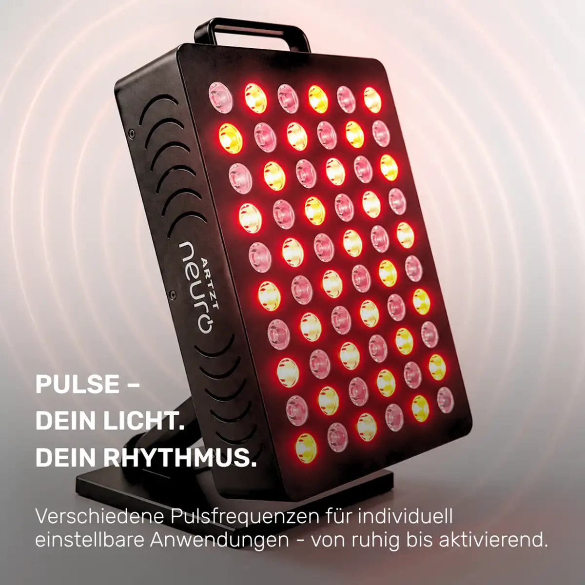 ARTZT neuro RED PULSE ONE Rotlichttherapie-Gerät – Pulse: Dein Licht, dein Rhythmus. Verschiedene Pulsfrequenzen für individuell einstellbare Anwendungen von ruhig bis aktivierend (generiert mit KI)