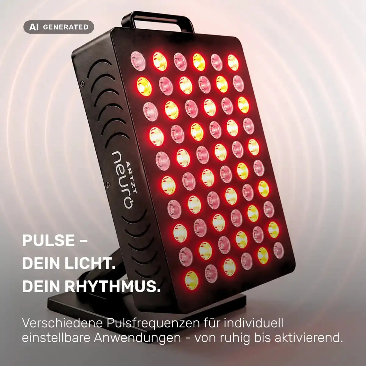 ARTZT neuro RED PULSE ONE Rotlichttherapie-Gerät – Pulse: Dein Licht, dein Rhythmus. Verschiedene Pulsfrequenzen für individuell einstellbare Anwendungen von ruhig bis aktivierend (generiert mit KI)