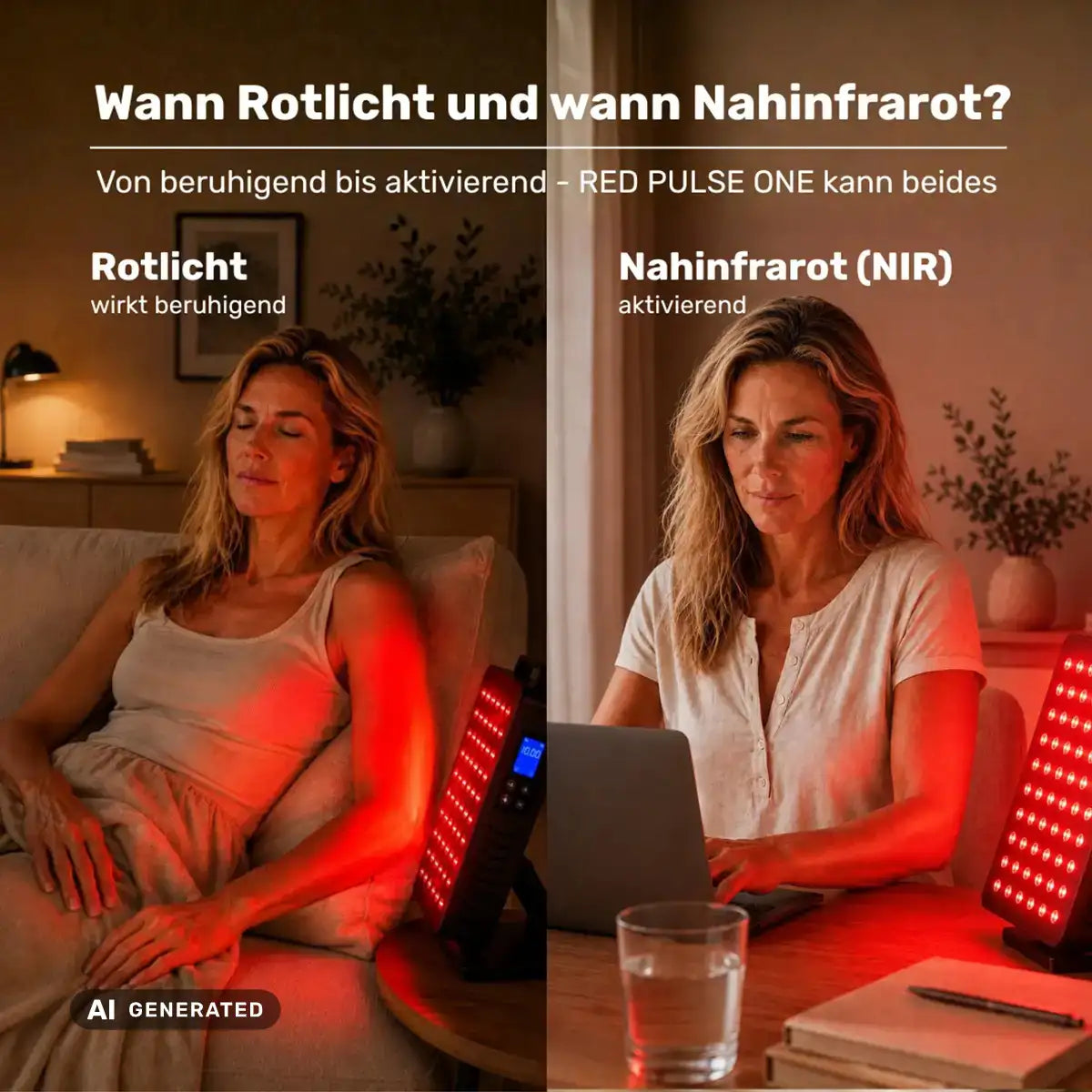 Infografik ARTZT neuro RED PULSE ONE Rotlichttherapie-Gerät: Vergleich Rotlicht (wirkt beruhigend, Frau entspannt auf dem Sofa) und Nahinfrarot NIR (aktivierend, Frau arbeitet konzentriert am Laptop) (generiert mit KI)