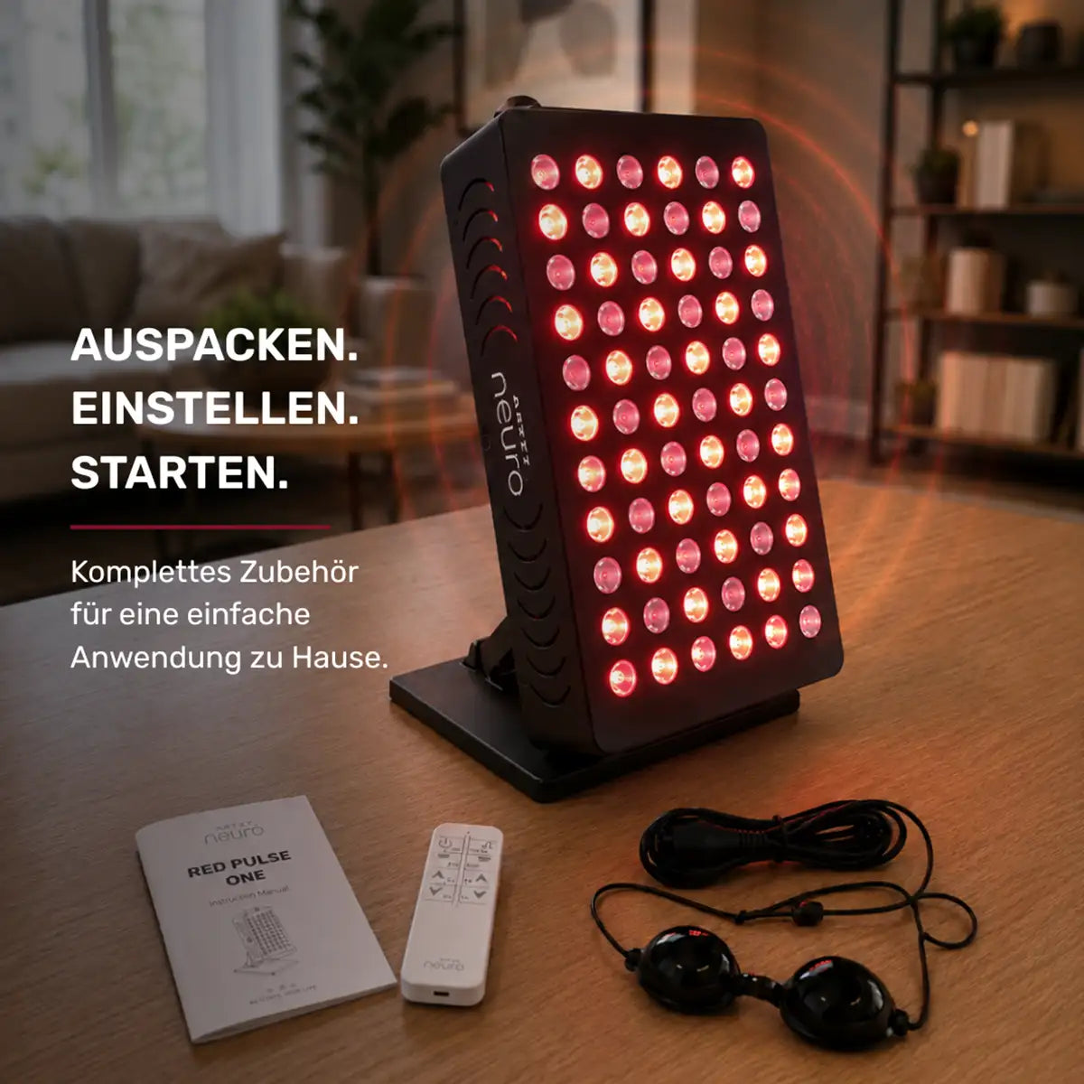 ARTZT neuro RED PULSE ONE Rotlichttherapie-Gerät mit komplettem Zubehör auf dem Tisch: Bedienungsanleitung, Fernbedienung, Netzkabel und Schutzbrille für die einfache Anwendung zu Hause – Auspacken, Einstellen, Starten (generiert mit KI)