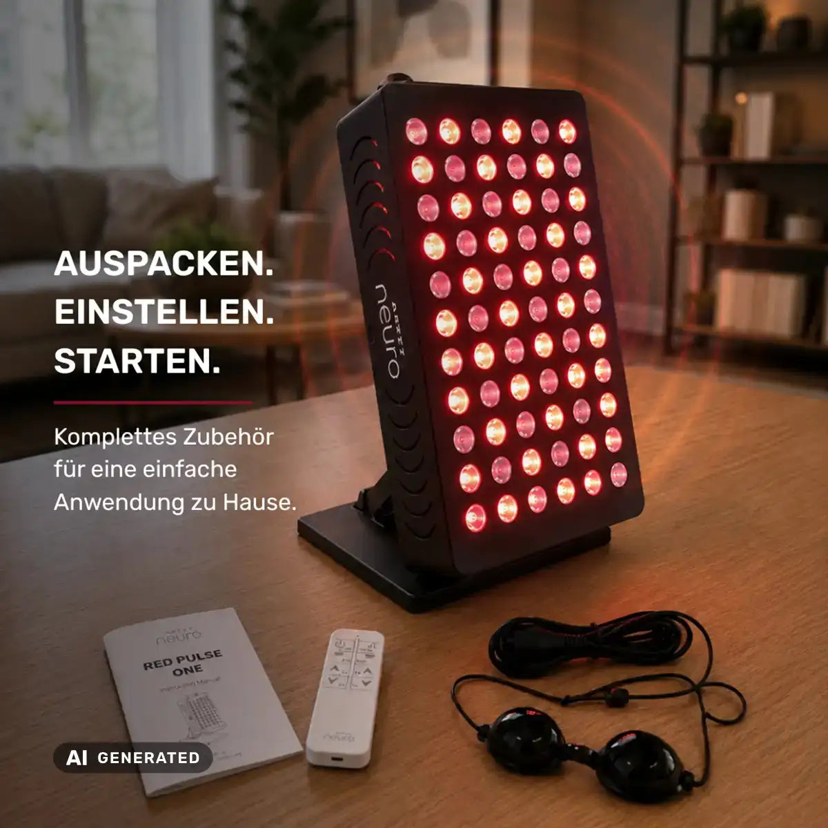 ARTZT neuro RED PULSE ONE Rotlichttherapie-Gerät mit komplettem Zubehör auf dem Tisch: Bedienungsanleitung, Fernbedienung, Netzkabel und Schutzbrille für die einfache Anwendung zu Hause – Auspacken, Einstellen, Starten (generiert mit KI)
