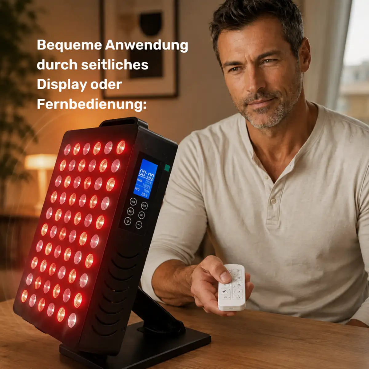 ARTZT neuro RED PULSE ONE Rotlichttherapie-Gerät auf dem Tisch – Mann bedient es per Fernbedienung, alternativ über seitliches Display (generiert mit KI)