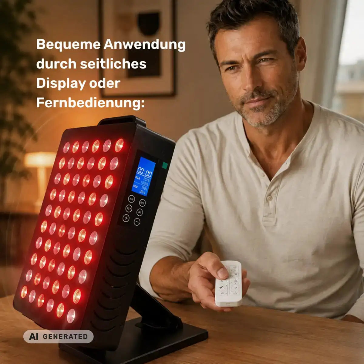 ARTZT neuro RED PULSE ONE Rotlichttherapie-Gerät auf dem Tisch – Mann bedient es per Fernbedienung, alternativ über seitliches Display (generiert mit KI)