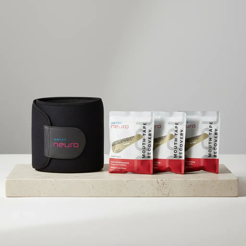 Produktaufnahme des ARTZT neuro Awareness Breathing Set mit schwarzem Atemgürtel und drei Packungen Mouth Tape Recovery, arrangiert auf einer hellen Steinplatte vor neutralem Hintergrund. SET-1017 #mengenrabatt_3 monate