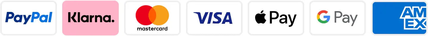 Sieben Logos in einer Reihe der Zahlungsarten PayPal, Klarna, mastercard, VISA, Apple Pay, Google Pay und AmEx.