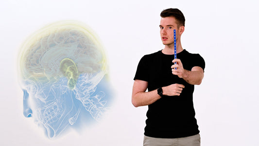Neuroathletik Trainer Kevin Grafen hält einen ARTZT neuro Vision Stick in Armlänge vor sein Gesicht und fixiert ihn mit beiden Augen, während er den Kopf leicht nach rechts dreht.