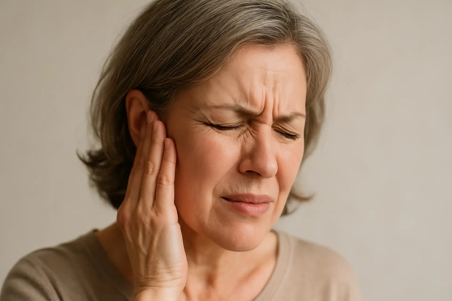 Frau fasst sich mit schmerzverzerrtem Gesicht mit der rechten Hand ans rechte Ohr, weil sie an Tinnitus leidet.