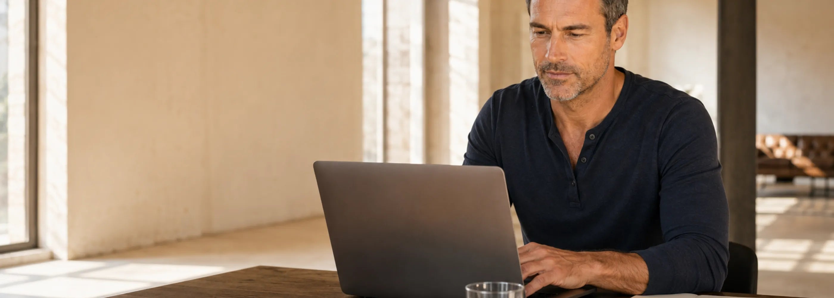 Your Focus – Mann sitzt am Schreibtisch an einem Laptop.