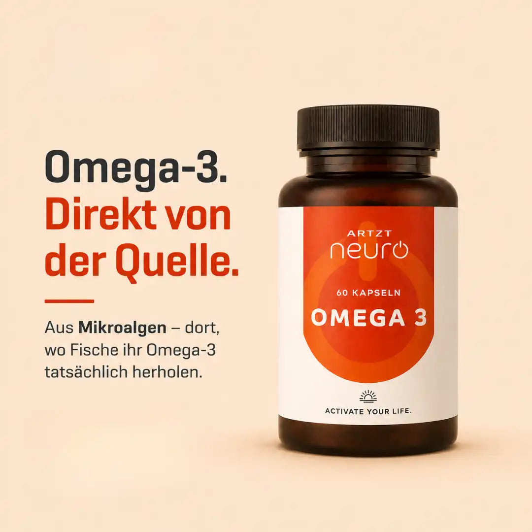 ARTZT neuro Omega 3 Algenöl Kapseln aus Mikroalgen – Nahrungsergänzungsmittel direkt von der Quelle, 60 Kapseln in Braunglasflasche, warmer beiger Hintergrund