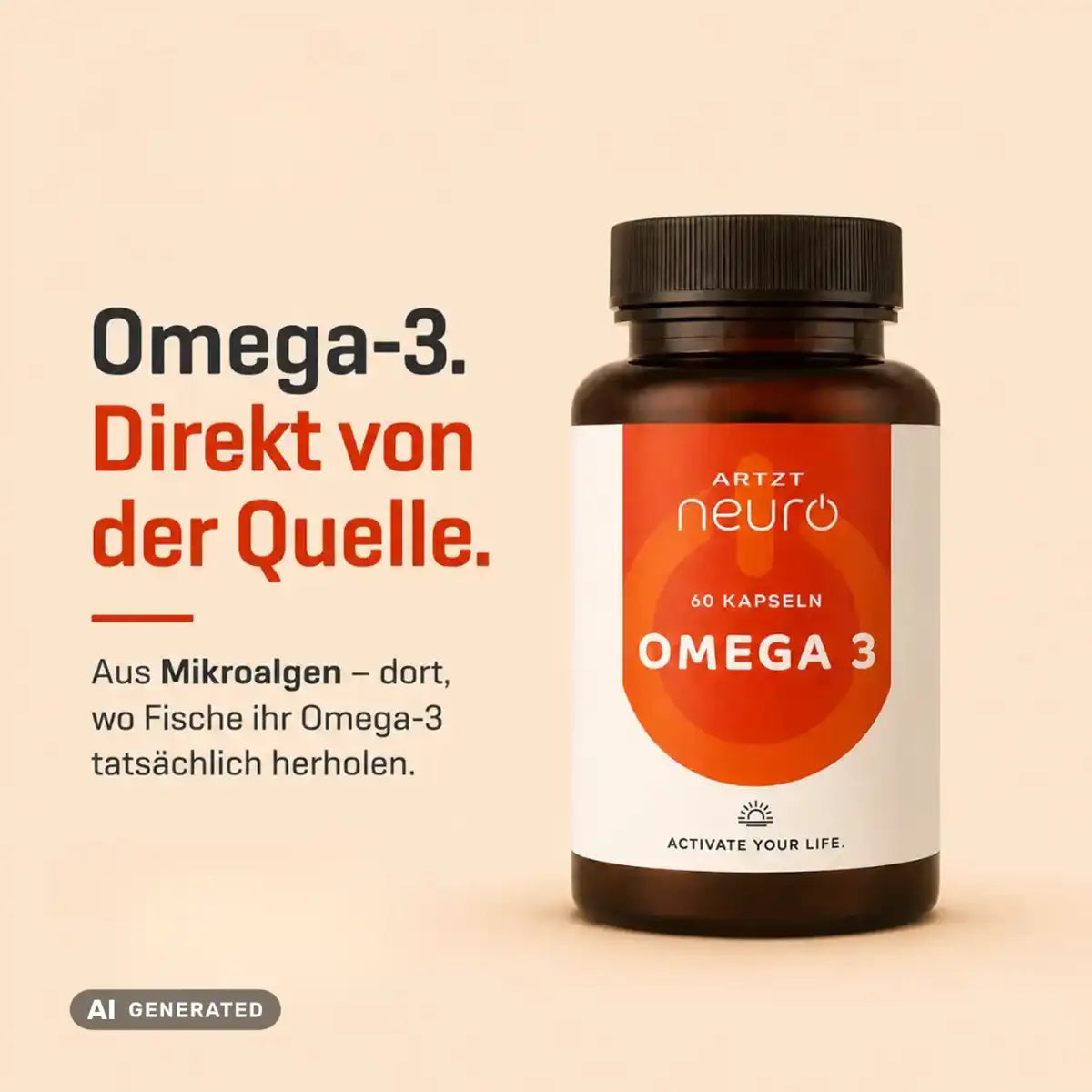 ARTZT neuro Omega 3 Algenöl Kapseln aus Mikroalgen – Nahrungsergänzungsmittel direkt von der Quelle, 60 Kapseln in Braunglasflasche, warmer beiger Hintergrund (generiert mit KI)