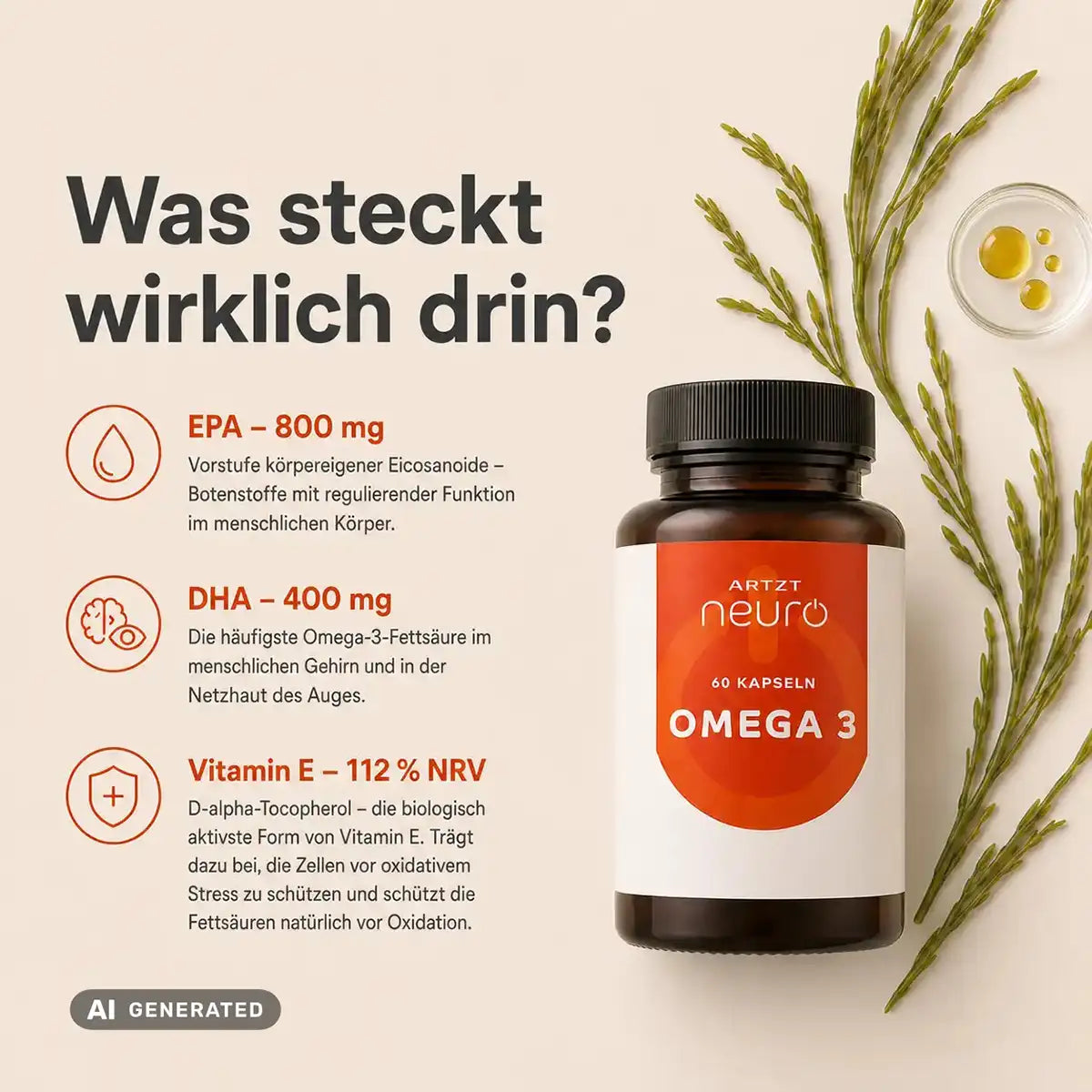 ARTZT neuro Omega 3 Algenöl – Inhaltsstoffe: EPA 800 mg (Eicosanoide-Vorstufe), DHA 400 mg (für Gehirn und Netzhaut), Vitamin E 112 % NRV (Oxidationsschutz, D-alpha-Tocopherol) – Braunglasflasche mit Mikroalgen-Props (generiert mit KI)