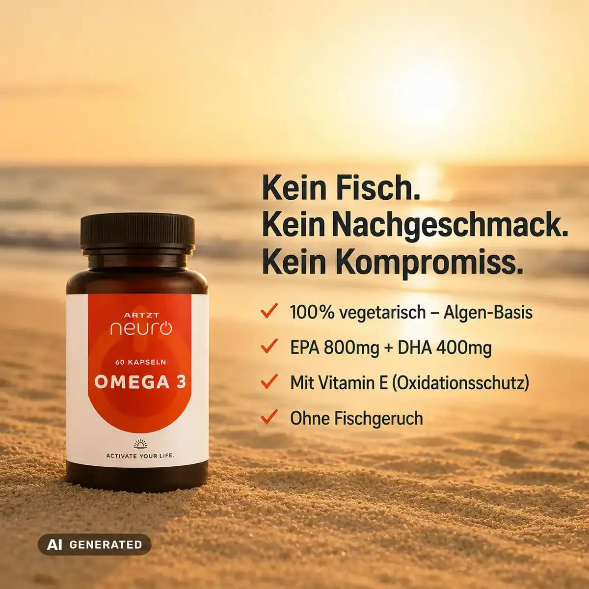 ARTZT neuro Omega 3 Kapseln aus Algenöl am Strand: vegetarisch auf Algenbasis, EPA 800 mg + DHA 400 mg, Vitamin E (Oxidationsschutz), ohne Fischgeruch – 60 Kapseln im Sand bei Sonnenuntergang (generiert mit KI)