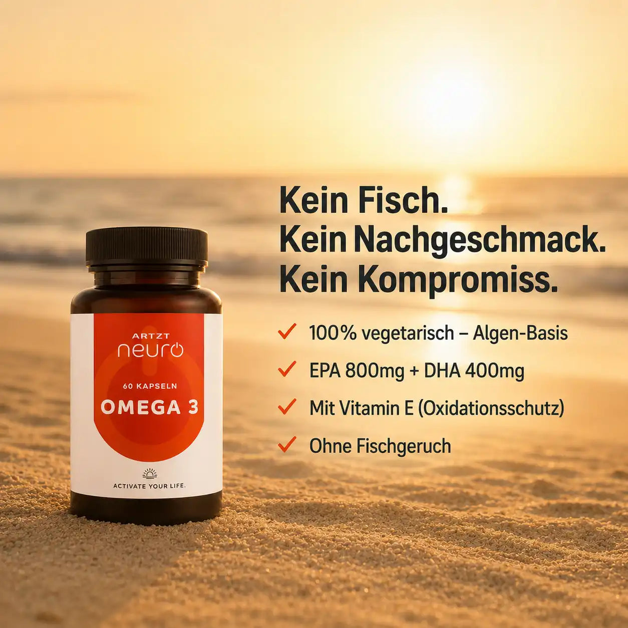 ARTZT neuro Omega 3 Kapseln aus Algenöl am Strand: vegetarisch auf Algenbasis, EPA 800 mg + DHA 400 mg, Vitamin E (Oxidationsschutz), ohne Fischgeruch – 60 Kapseln im Sand bei Sonnenuntergang