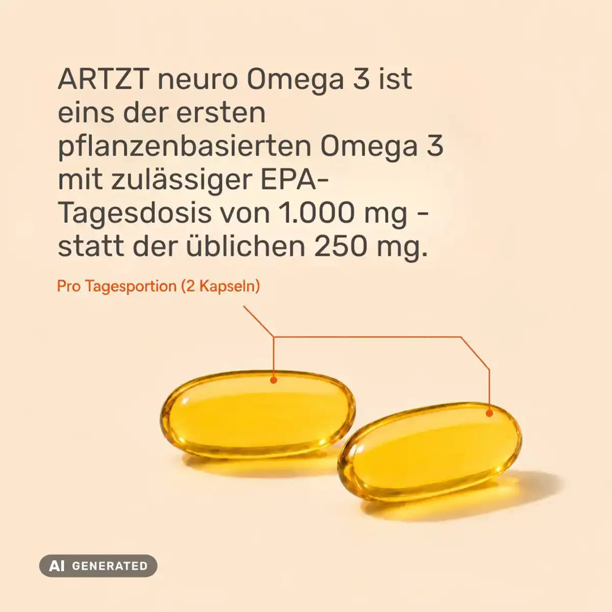 ARTZT neuro Omega 3 Algenöl Kapseln – pflanzenbasiert, EPA-Tagesdosis 1.000 mg pro 2 Kapseln statt üblicher 250 mg, zwei goldene Softgelkapseln auf warmem Hintergrund (generiert mit KI)