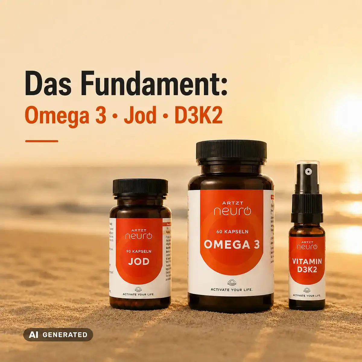 ARTZT neuro Supplement-Bundle am Strand bei Sonnenuntergang: Das Fundament – Omega 3 60 Kapseln, Jod 90 Kapseln und Vitamin D3K2 Spray nebeneinander im Sand (generiert mit KI)
