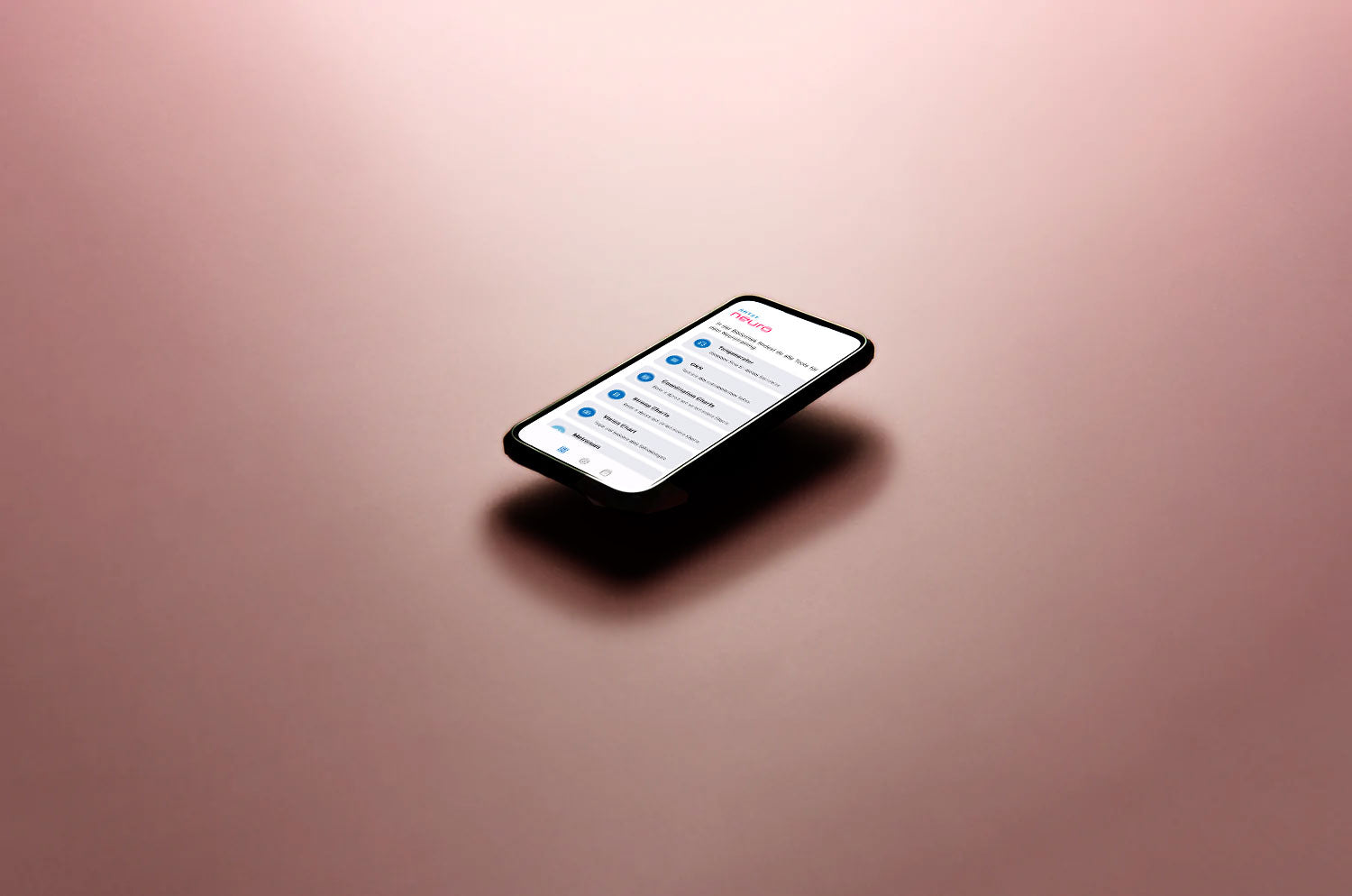 Ein Smartphone schwebt frei über einer grauen Farbfläche, auf dem Display ist die ARTZT neuro App geöffnet.