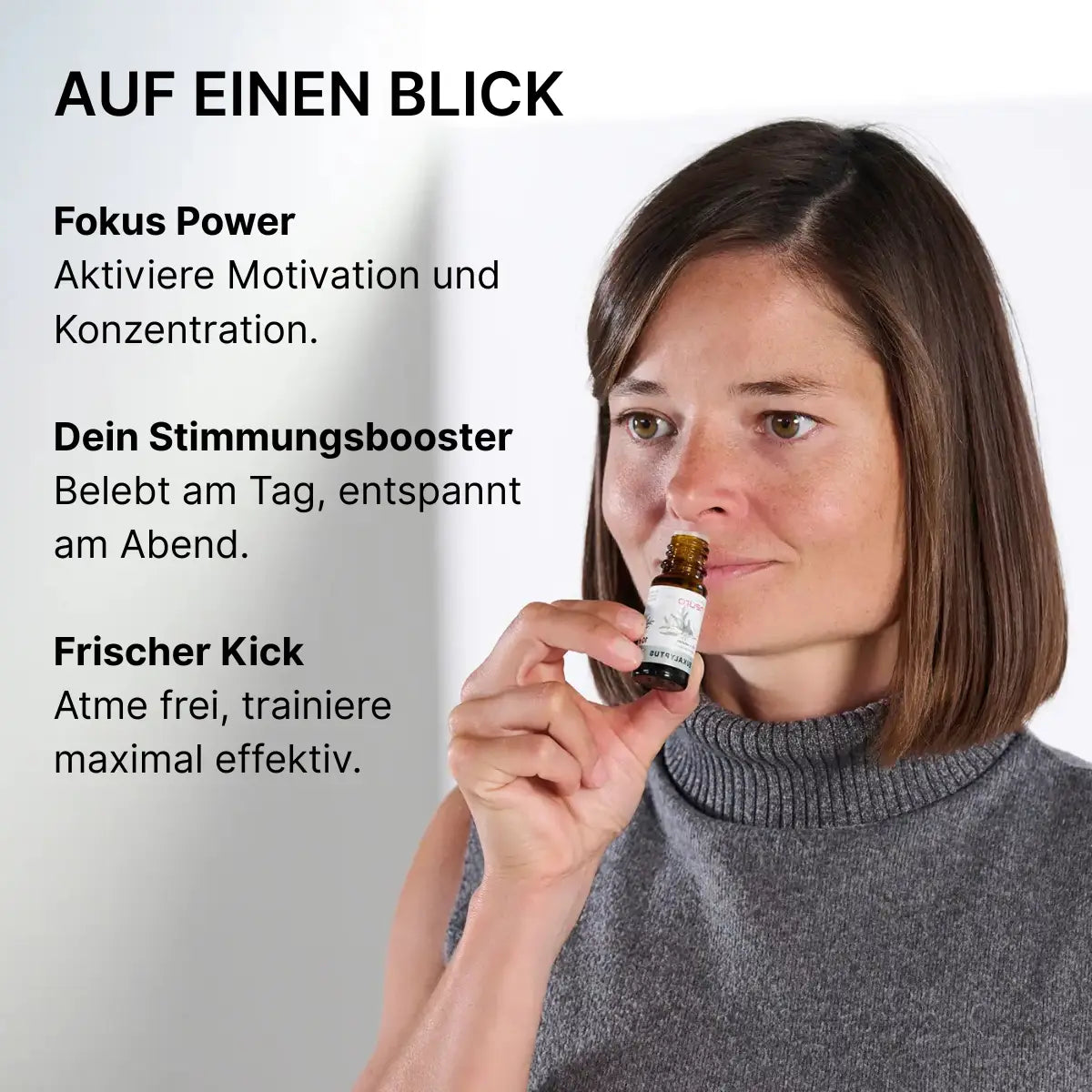 Frau verwendet ätherisches Öl zur Steigerung von Fokus, Motivation und Entspannung – natürlicher Stimmungsbooster für Training und Alltag., SET-1019, SET-1026, SET-1027, SET-1018, SET-1024, SET-1025