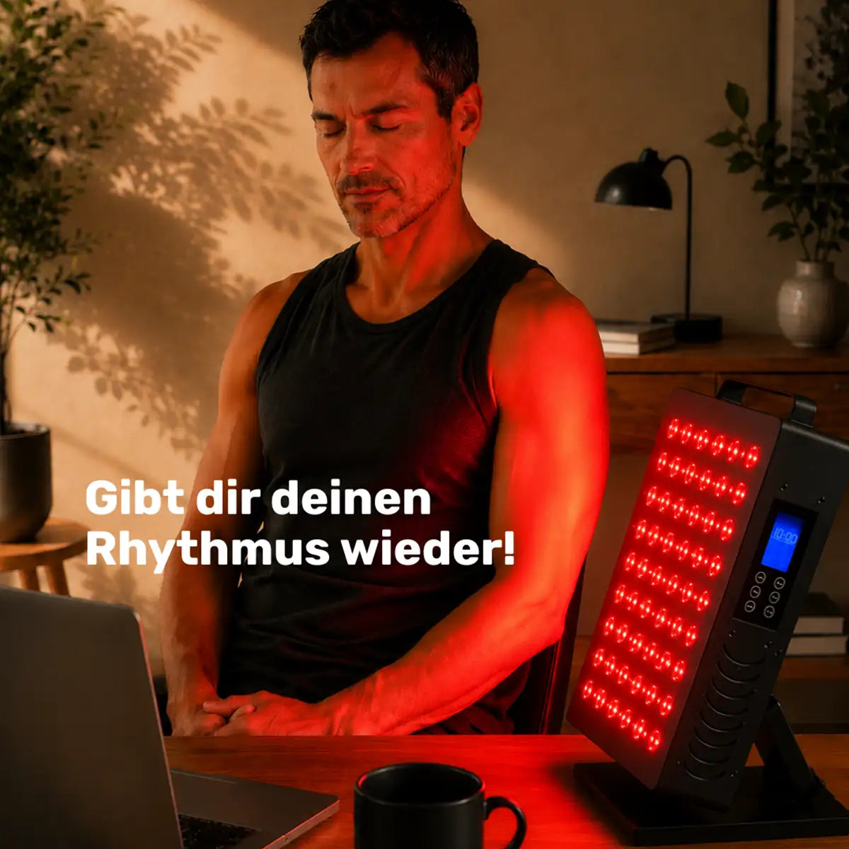 ARTZT neuro RED PULSE ONE Rotlichttherapie-Gerät am Schreibtisch – Mann mit geschlossenen Augen im roten Licht, Text: Gibt dir deinen Rhythmus wieder (generiert mit KI)
