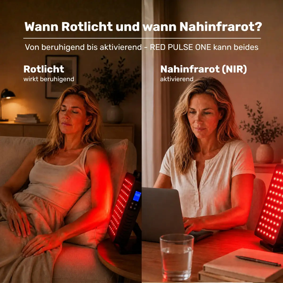 Infografik ARTZT neuro RED PULSE ONE Rotlichttherapie-Gerät: Vergleich Rotlicht (wirkt beruhigend, Frau entspannt auf dem Sofa) und Nahinfrarot NIR (aktivierend, Frau arbeitet konzentriert am Laptop) (generiert mit KI)