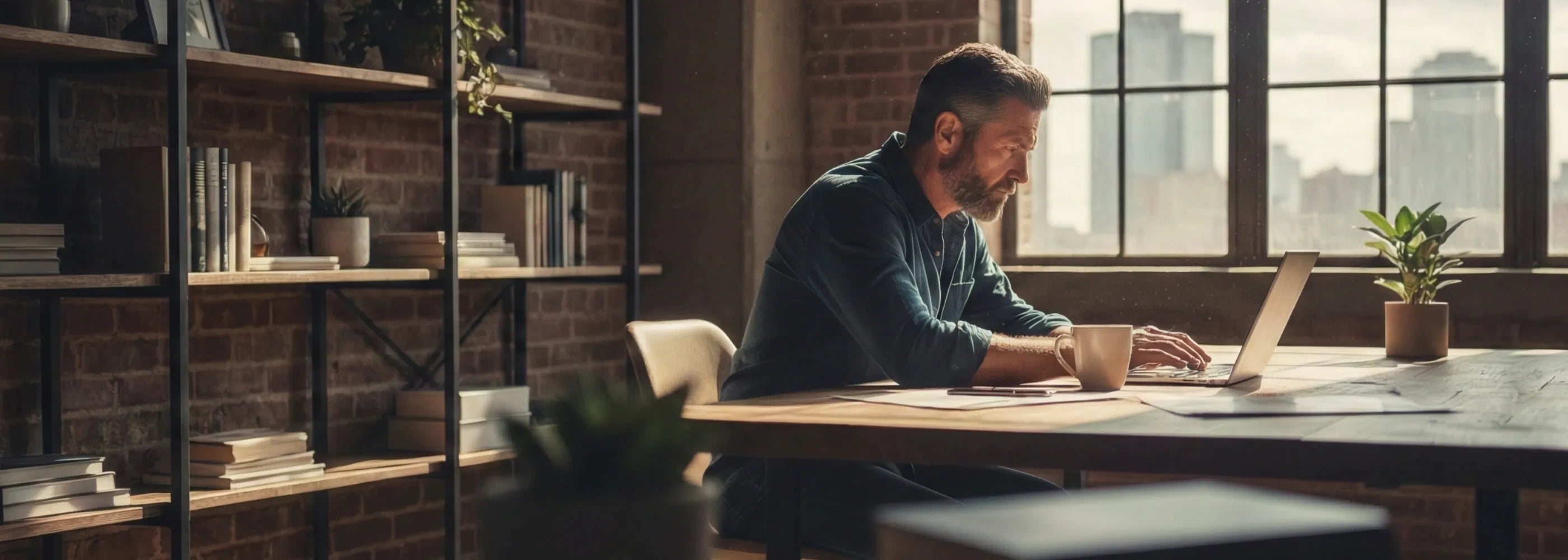 Mann arbeitet konzentriert an einem Laptop an einem Schreibtisch in einem ruhigen Raum mit Bücherregal | Fokus und Konzentration.