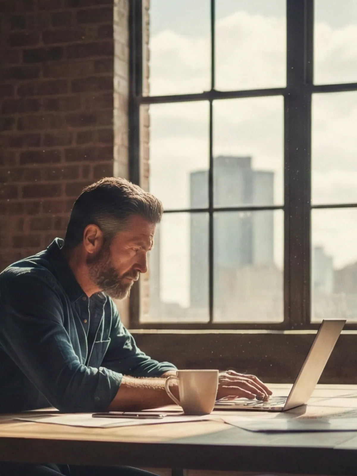 Mann arbeitet konzentriert an einem Laptop an einem Schreibtisch in einem ruhigen Raum mit Bücherregal | Fokus und Konzentration. | Mobile Image