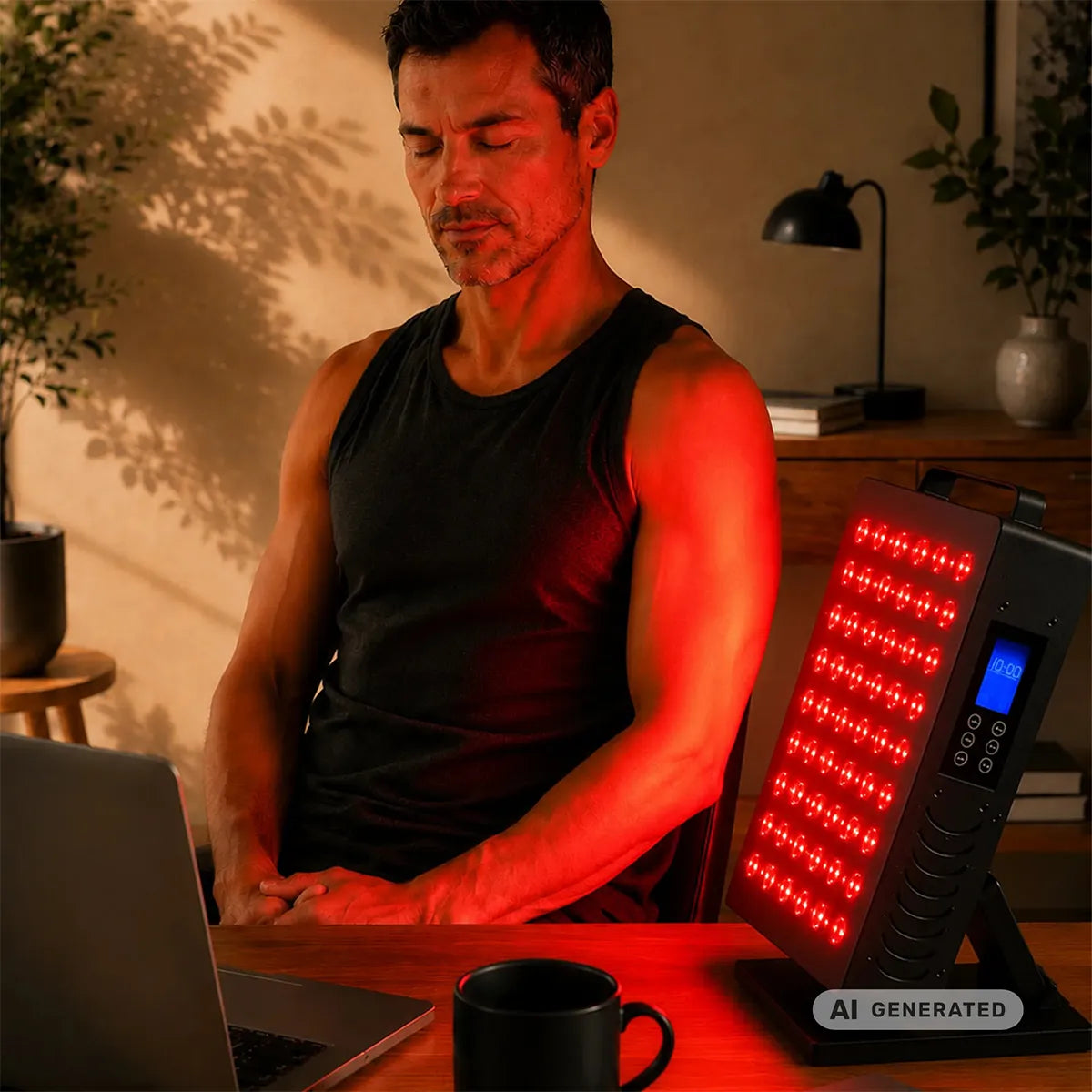 ARTZT neuro RED PULSE ONE Rotlichttherapie-Gerät auf dem Schreibtisch: Mann hält den Arm ins rote Licht und arbeitet abends am Laptop (generiert mit KI)