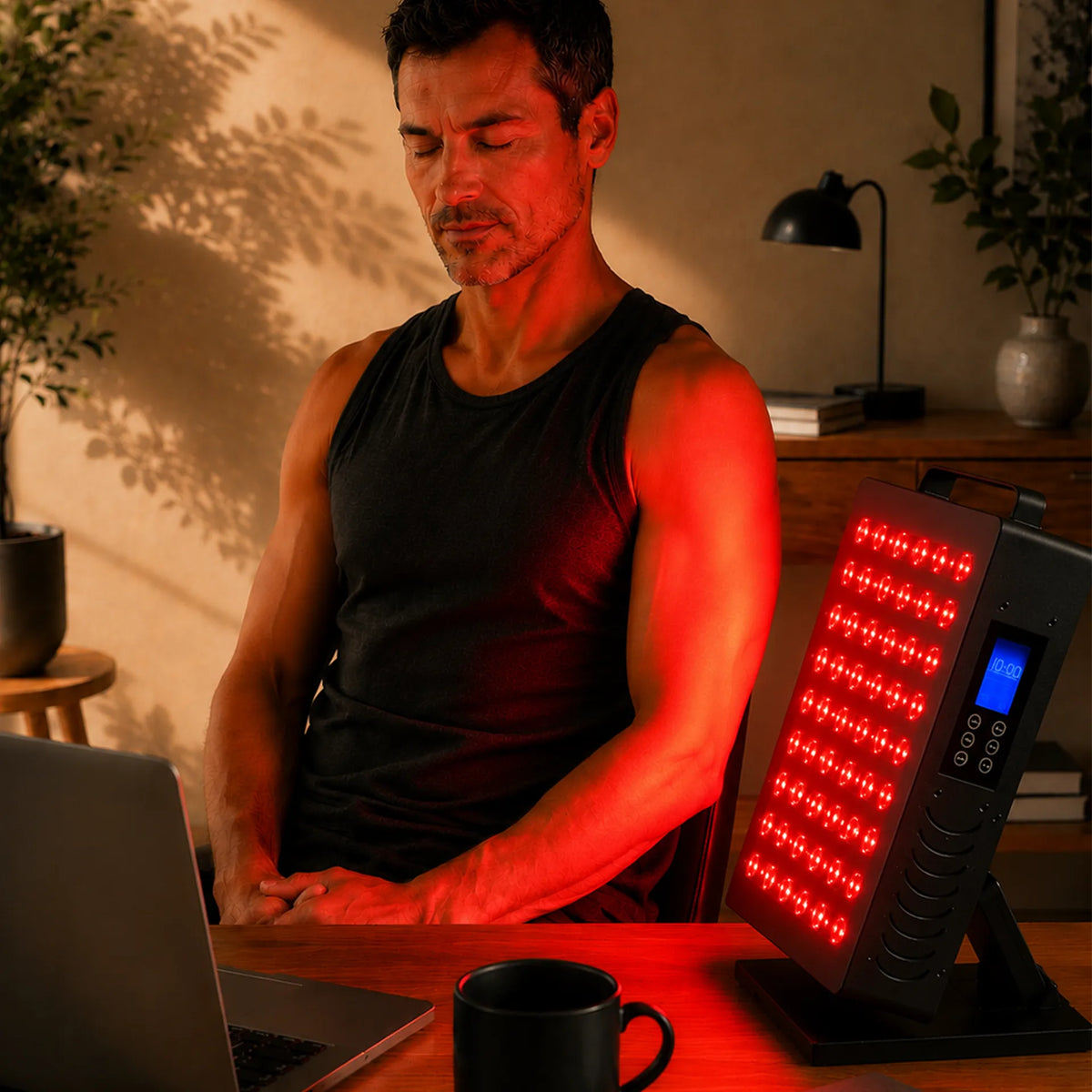 ARTZT neuro RED PULSE ONE Rotlichttherapie-Gerät auf dem Schreibtisch: Mann hält den Arm ins rote Licht und arbeitet abends am Laptop (generiert mit KI)