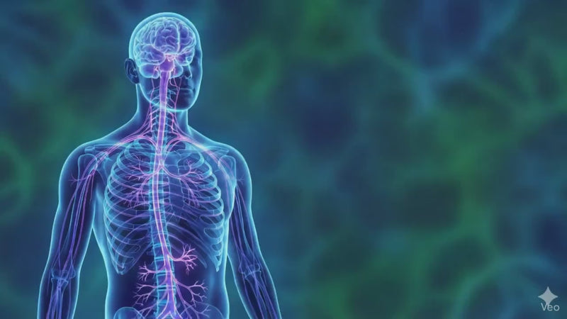 Eine schematische Darstellung des Menschlichen Körpers in Blautönen; Gehirn, Brustkorb und Vagusnerv sind zu sehen; die Kamera zoomt langsam heran.